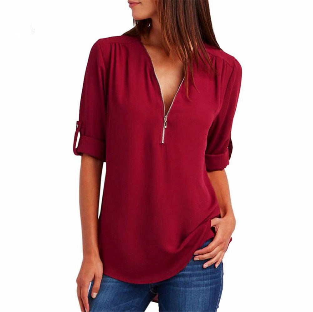 Women's Short-Sleeve Zip V-Neck Loose Top