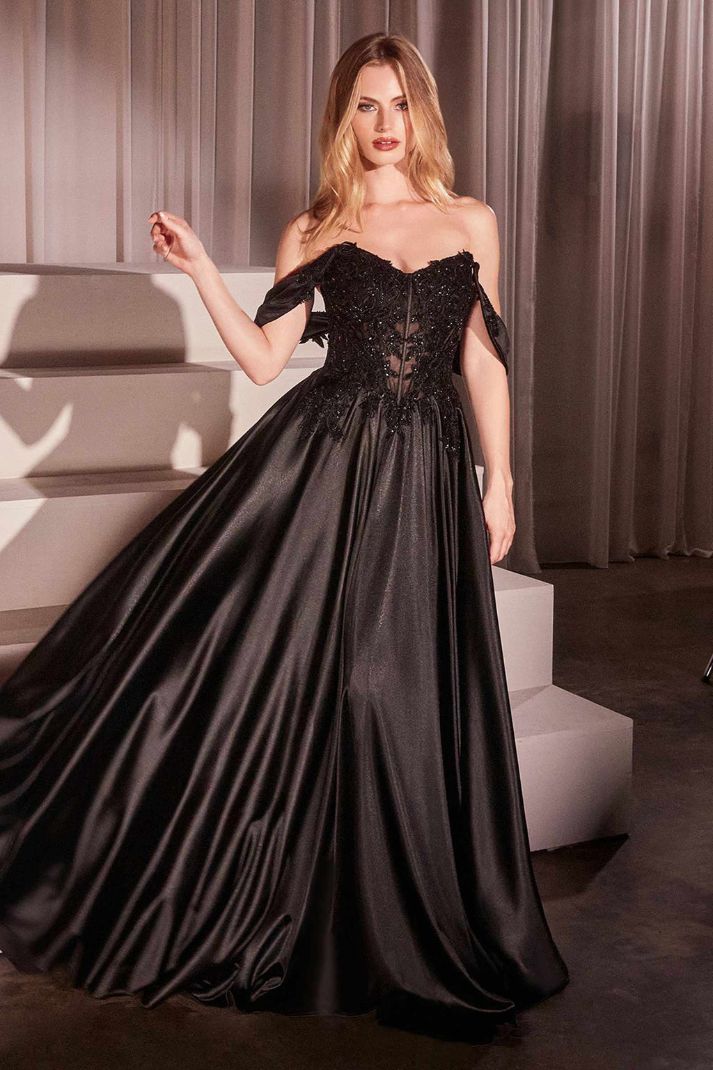 Dress Off The Shoulder Lace & Satin A-Line Prom Gown