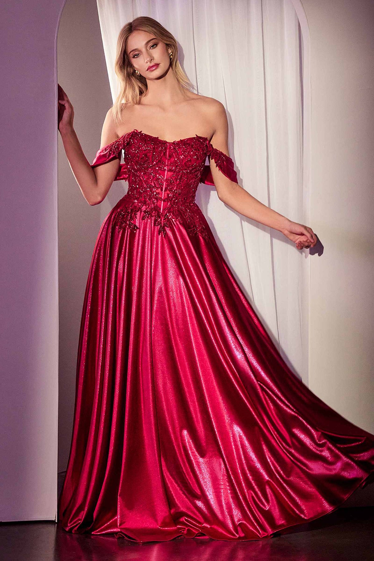 Dress Off The Shoulder Lace & Satin A-Line Prom Gown