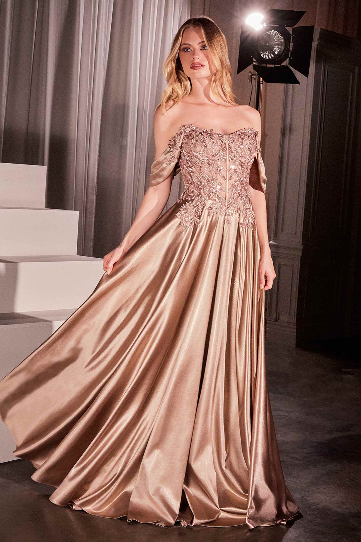 Dress Off The Shoulder Lace & Satin A-Line Prom Gown