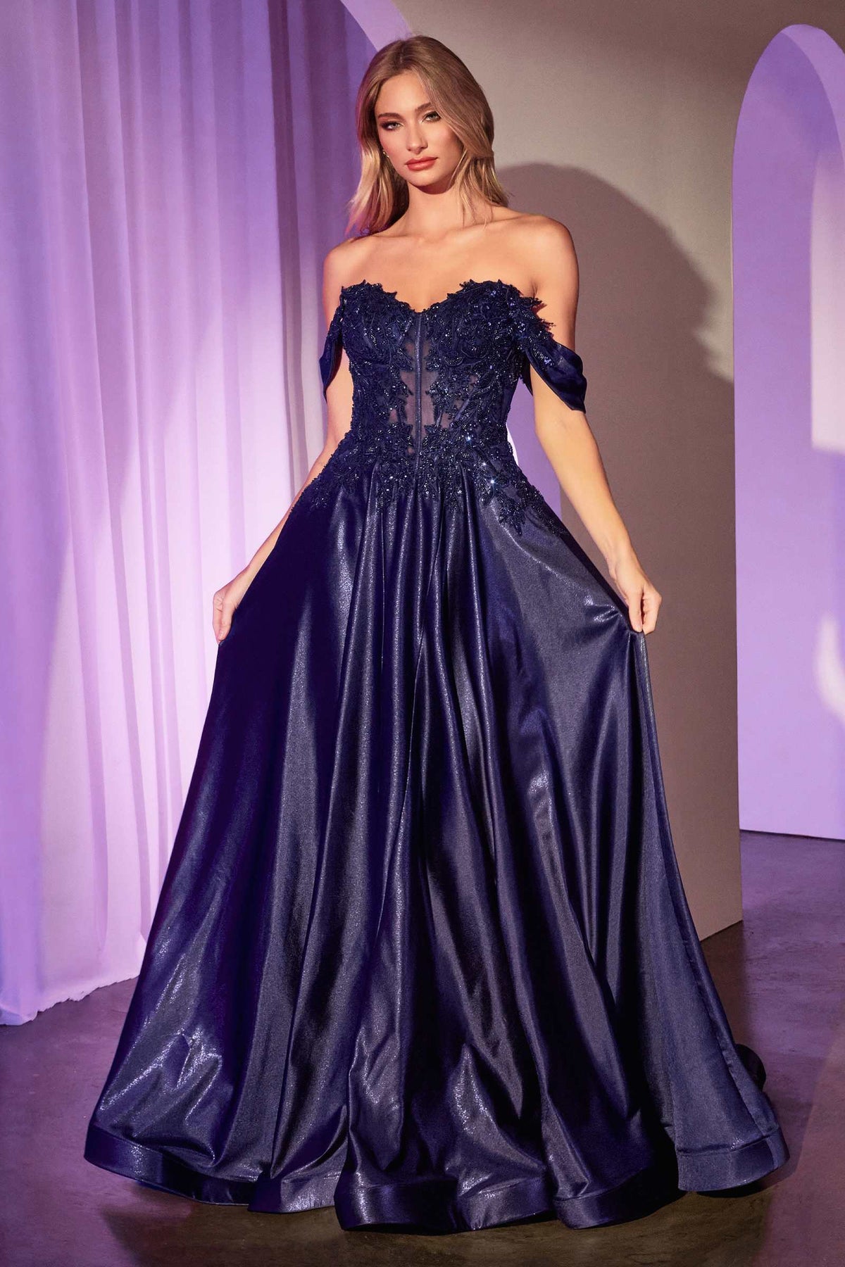 Dress Off The Shoulder Lace & Satin A-Line Prom Gown