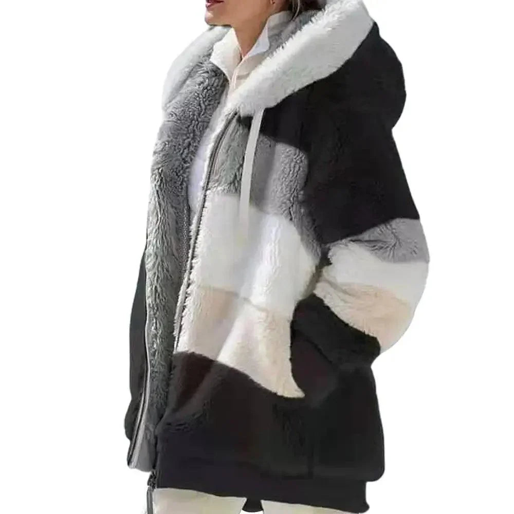 Plus Size Jacket Women Autumn Winter Long Sleeve Color Block Zipper Fluff Hooded Warm Coat Jacket